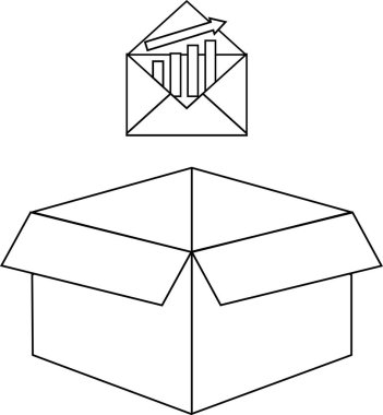 Bir bar grafiği içeren, iş ve mali iletişimi sembolize eden, açık bir zarfın siyah ve beyaz çizimi.