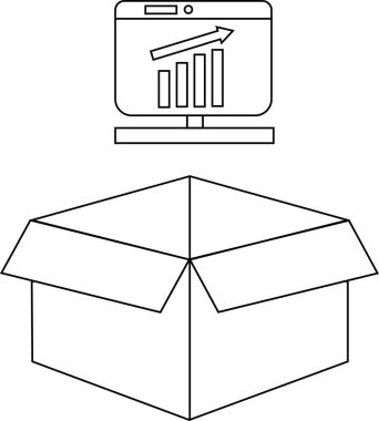 Üzerinde bir monitör olan açık bir kutunun çizgi çizimi, iş ilerlemesini sembolize eden bir büyüme grafiğini gösteriyor..