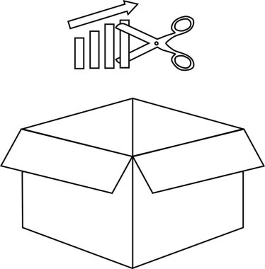 Grafik ve makaslı bir kutu tasviri, maliyet düşüşünü ve iş verimliliğini simgeliyor.