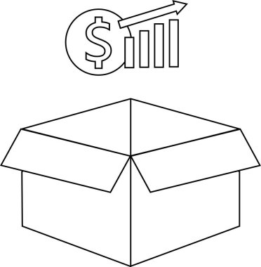 Üzerinde kar büyümesi sembolü olan açık bir kutunun ticari ya da finansal temalar için uygun basit bir siyah beyaz çizimi.