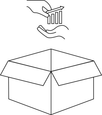 Bir çizgi, büyümeyi veya yatırımı sembolize eden açık bir karton kutuya bir çubuk grafiği yerleştiren elleri resmediyor..