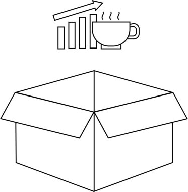 Bir kahve fincanının altında açık bir kutu ve yükselen bar grafiği iş büyümesini ve teslimatı sembolize ediyor..