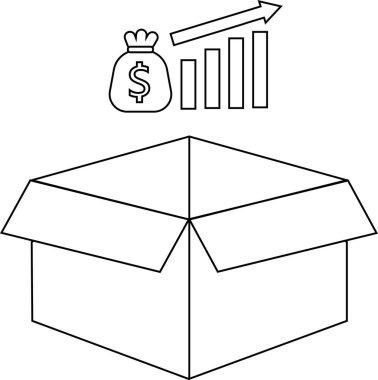 Üzerinde para çantası ve büyüme tablosu olan açık bir kutu tasvir eden basit bir siyah beyaz çizim, potansiyel finansal büyüme veya yatırım olanaklarını sembolize ediyor..