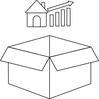 Açık bir kutunun basit bir çizgi çizimi, üzerinde bir ev ve üzerinde artan bar grafiği, gayrimenkul büyümesini ve fırsatları sembolize ediyor..