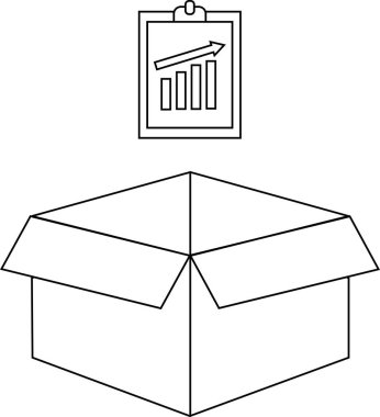 Üzerinde bir pano bulunan, büyümeyi ve fırsatı sembolize eden, yükselen bir çubuk grafiğini gösteren, açık bir kutunun siyah ve beyaz çizimi.