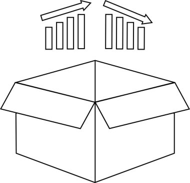 Üzerinde yukarı ve aşağı doğru grafikler olan, iş veya piyasa dalgalanmalarını sembolize eden, açık bir kutunun siyah ve beyaz çizimi.