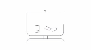 Çevrimiçi nakliye sigortasının kavramsal illüstrasyonu, bilgisayar ekranında el koruması sunan bir gemiyi göstermek, dijital kargo sigortasını sembolize etmek,.