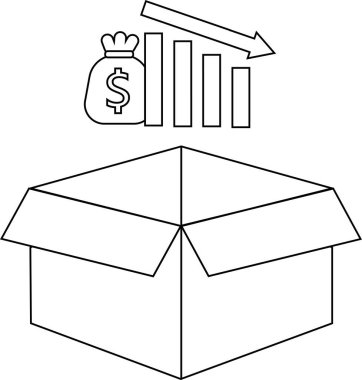 Bir para çantası ve açık bir kutunun üstündeki eğilim grafiği ile azalan karı tasvir eden basit bir çizgi çizimi.