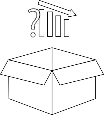 Üzerinde soru işareti ve azalan grafiği olan açık bir kutu, azalan satışları veya bilinmeyen bir geleceği temsil ediyor..
