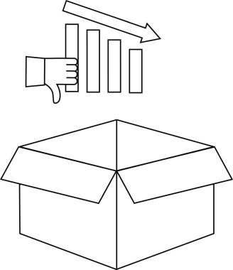 Satışların azalmasının görsel bir temsili, aşağı doğru eğilimli bir grafik, baş parmak hareketi ve boş bir kutu.