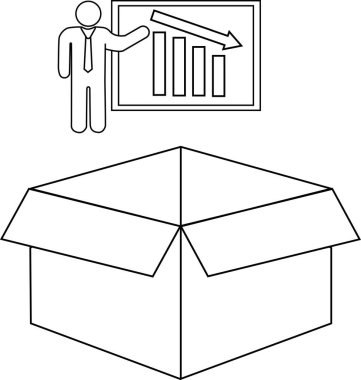 Açık bir kutunun üzerinde azalan satış tablosuna işaret eden bir sunucuyu gösteren siyah-beyaz çizim, potansiyel ticari zorlukları simgeliyor.