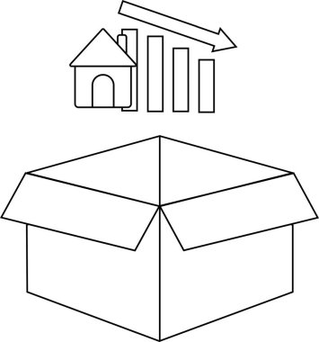 Bir ev simgesi ve açık bir kutunun üstündeki eğilim grafiği ile temsil edilen azalan bir konut piyasasını gösteren sembolik bir illüstrasyon.