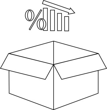 Üzerinde yüzde işareti ve azalan bir çubuk grafiği olan açık bir kutunun siyah-beyaz çizimi, satış veya değer düşüşünü gösterir.