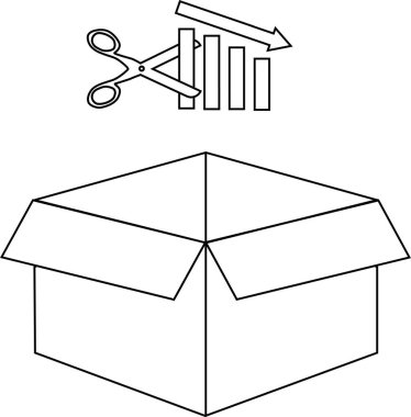 Bir karton kutunun flaplarını kesen makasları gösteren siyah ve beyaz bir illüstrasyon, geri dönüşüm ya da yok etme hazırlıklarını gösterir.