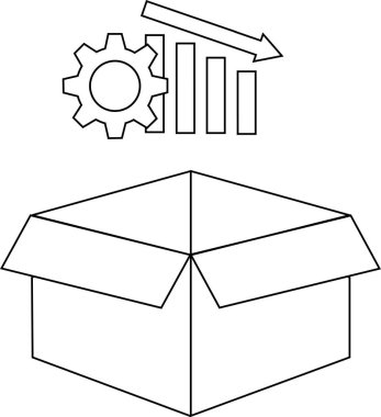 Üstünde vites, grafik ve ok simgesi olan açık bir kutunun basit bir çizgi çizimi üretimdeki düşüşü simgeliyor..