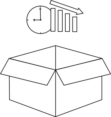 Zaman baskısını ve son teslim tarihlerini gösteren kavramsal bir çizim. Saat, düşen çubuklar ve açık bir kutu..