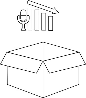 Bir mikrofon ve açık kutunun üzerindeki azalan grafiğin sembolik bir gösterimi, podcasting endüstrisindeki güçlükleri ve potansiyel düşüşü temsil ediyor.