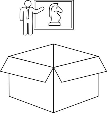 Bir satranç şövalyesi strateji tahtasını açık bir kutunun üzerinde gösteren bir sunucu çizimi.