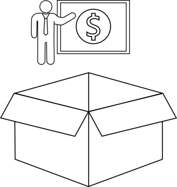 Bir iş adamı, yatırım fırsatları ve iş büyümesini simgeleyen açık bir kutunun üzerinde bir dolar işareti olan bir mali plan sunar..