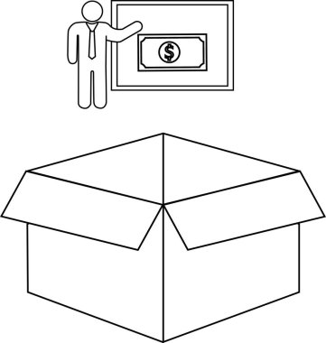 Açık bir kutunun üzerinde para sunan bir iş adamının çizimi, finansal fırsatları veya yatırımı simgeliyor..