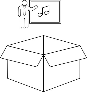 Açık bir karton kutunun üzerinde müzik notaları sunan bir kişiyi gösteren siyah beyaz bir illüstrasyon.