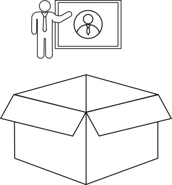 Açık bir kutunun yanında sunum yapan kişiyi gösteren siyah beyaz bir illüstrasyon, renkler veya eğitim materyalleri için uygundur.