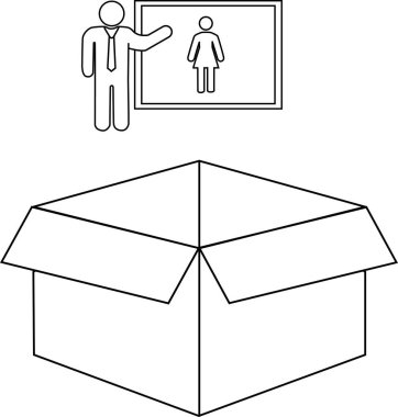 Açık bir kutunun yanında cinsiyet eşitliği üzerine bir sunum gösteren siyah beyaz bir illüstrasyon, iş yeri çeşitliliği ve fırsatları gibi kavramları sembolize ediyor.