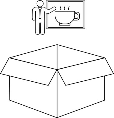 Açık bir karton kutunun çizgi çizimi. Arka planda kahve fincanı var..