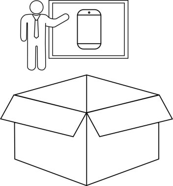 Tahtada yeni bir akıllı telefon sunan bir adam. Altında bir kutu var.