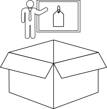 Tahtasında fiyat etiketi olan ve altında açık kutu olan bir ürün sunan bir kişi..
