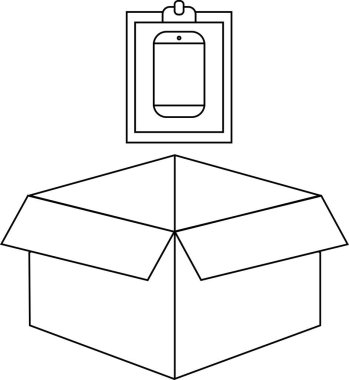 Üzerinde akıllı bir telefon bulunan açık bir kutunun olduğu minimalist bir çizgi çizimi, teknolojiyi ve ambalajı iletiyor..