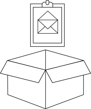Üzerinde bir pano üzerinde bir zarf simgesi olan açık bir kutunun basit bir siyah beyaz çizimi.