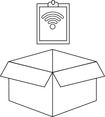 Üzerinde bir pano bulunan açık bir kutunun kablosuz sinyal gösterimi, bağlı ambalaj ve teknoloji entegrasyonunu temsil ediyor.
