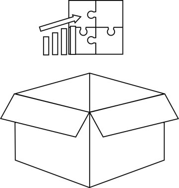 Üzerinde bulmaca ve grafik simgesi olan bir kutu, iş çözümleri, strateji ve problem çözmeyi basit ve temiz bir tasarım ile temsil ediyor..
