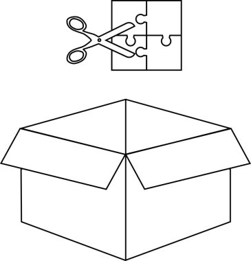 Açık bir kutu, yapboz parçaları ve makasın siyah ve beyaz çizimi, el yapımı veya eğitici materyaller için mükemmel.