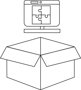 Bir bilgisayar monitörü, açık bir karton kutunun üzerine yerleştirilmiş bir bulmaca görüntüler, problem çözme veya paketleme hakkında kavramsal bir resim oluşturur.