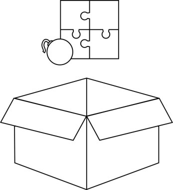 Üzerinde yapboz ve çaydanlık olan açık bir kutunun siyah beyaz çizimi, içine yerleştirilmeye hazır..