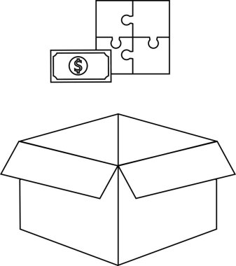 Üzerinde bulmaca ve para sembolü olan açık bir kutunun basit bir çizgi çizimi, problem çözme ve finans kavramlarını ortaya koyuyor..