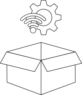 Üzerinde teçhizat ve kablosuz internet sembolü olan açık bir kutunun basit bir siyah-beyaz çizimi, teknoloji veya ayarları öneriyor..