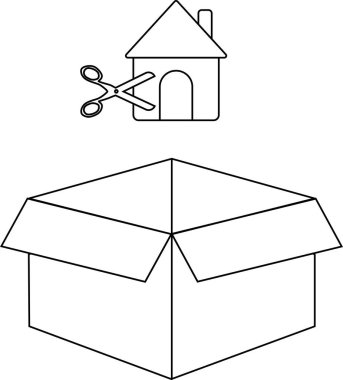 Bir evin şeklini kesen makasları gösteren kavramsal bir resim, aşağıdaki bir kutuyla taşınmayı ve yeni başlangıçları sembolize eder..