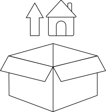 İçinde ok ve ev simgesi olan ve kırılgan içeriği ve hedefi gösteren bir nakliye kutusunun basit siyah-beyaz çizimi.