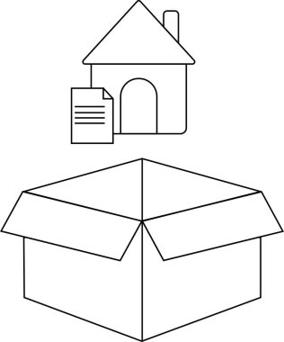Taşınmayı, taşınmayı, taşınmayı, gayrimenkul transferini veya mülkiyet transferini sembolize eden açık bir kutunun üstündeki bir evin basit bir çizgi çizimi.