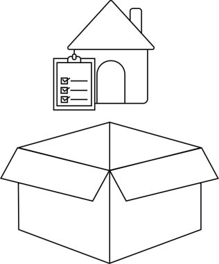 Açık bir karton kutunun üstünde kontrol listesi olan bir evin basit bir çizgi çizimi taşınmayı ya da taşınmayı simgeliyor..