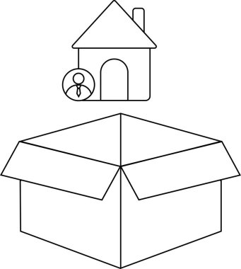 Açık bir karton kutunun üzerine yerleştirilmiş bir kişi simgesi olan basit bir ev simgesi resmi.