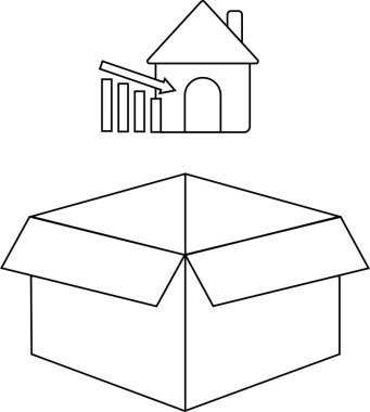 Açık bir kutunun üzerine düşen grafiği olan bir ev simgesi. Düşen ev fiyatlarını ve piyasa düşüşünü simgeliyor. Basit satır sanatı.
