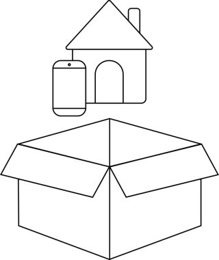 Üzerinde ev ve telefon yüzen açık bir kutunun basit bir siyah beyaz çizimi..