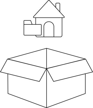 Açık bir karton kutunun üzerine yerleştirilmiş bir ev simgesinin basit bir siyah beyaz çizgi çizimi, taşınma veya depolama önerisi.