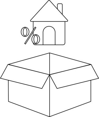 Açık bir kutunun üzerine yerleştirilmiş, yanında yüzde işareti olan bir evin basit bir siyah beyaz çizimi..