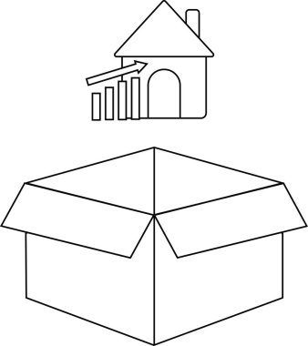 Üzerinde bir ev ve grafik olan açık bir kutunun siyah ve beyaz çizimi taşınmayı ya da emlak işini sembolize ediyor..