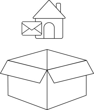 Üzerinde bir ev ve zarf olan açık bir kutunun basit siyah beyaz çizimi..